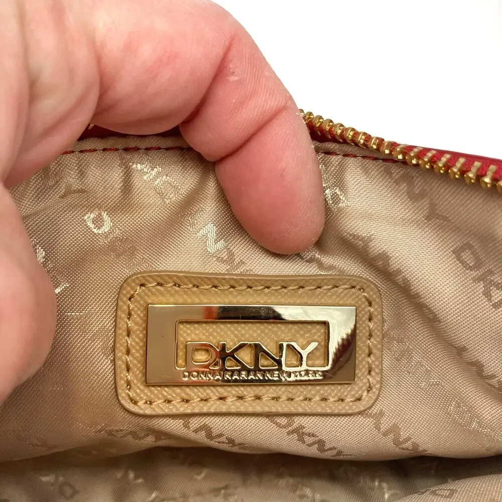 DKNY Red Saffiano Leather Studded Crossbody Clutch, Gold Hardware & Charm NWOT
